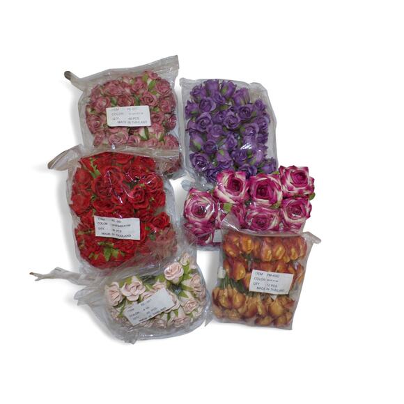 Paper Roses Floral Craft Lot 6 Packages Purple Pink Red Orange Embellishment - Picture 1 of 3
